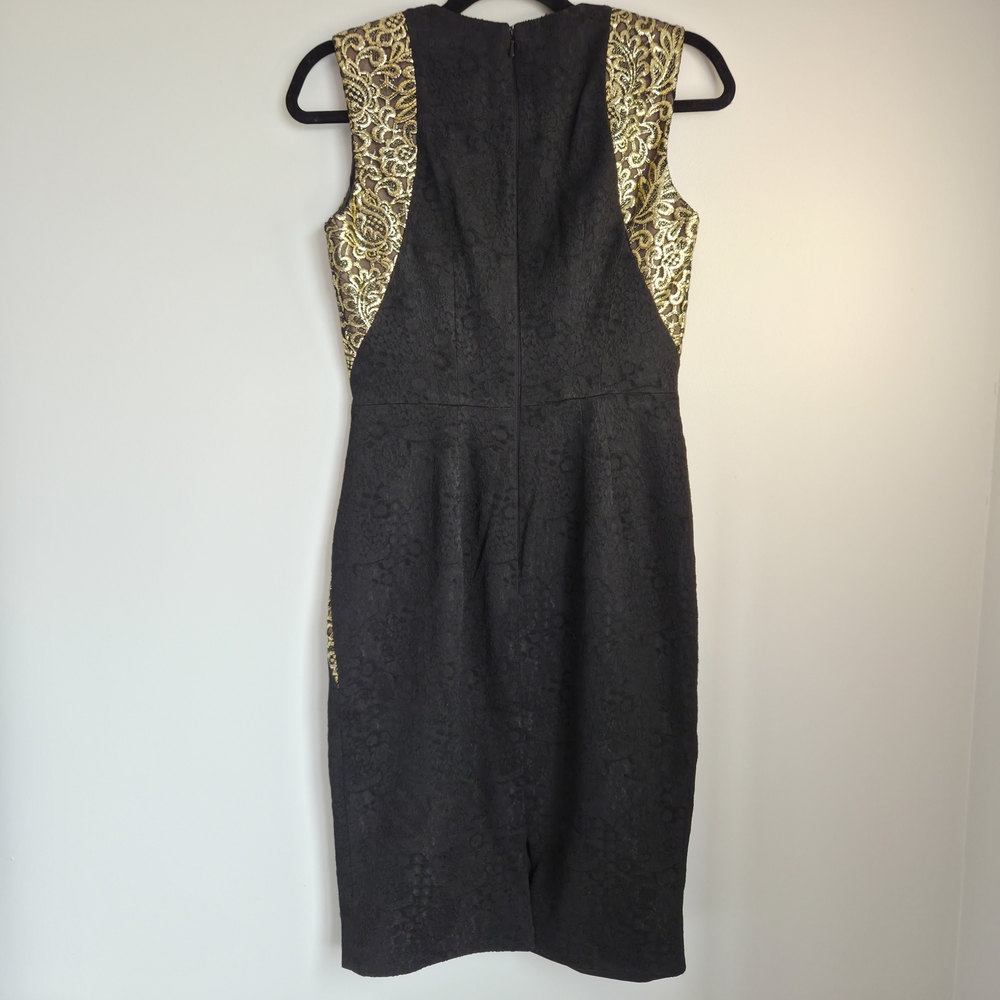 Carmen Marc Valvo Formal Black Gold Panel Brocade Bodycon Cocktail Dress Size 6 - Picture 9 of 11